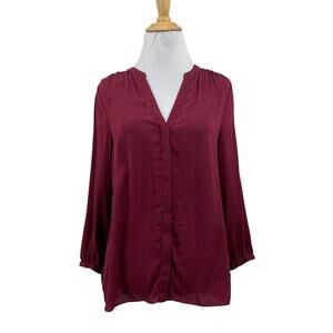 Quince Blouse Womens XS Extra Small Maroon Silk Blend Hidden Button Pintuck Back